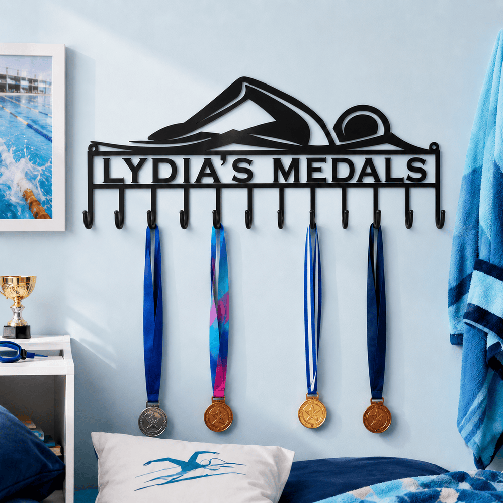 Rusty Rooster Fabrication & Design Personalized Swimming Medal Rack – Custom Swimmer Display (D14)