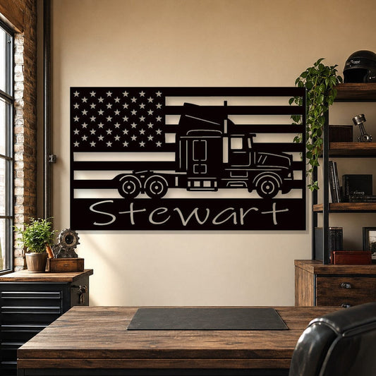Rusty Rooster Fabrication & Design Personalized U.S. Flag & Semi Truck Metal Wall Art (A68)