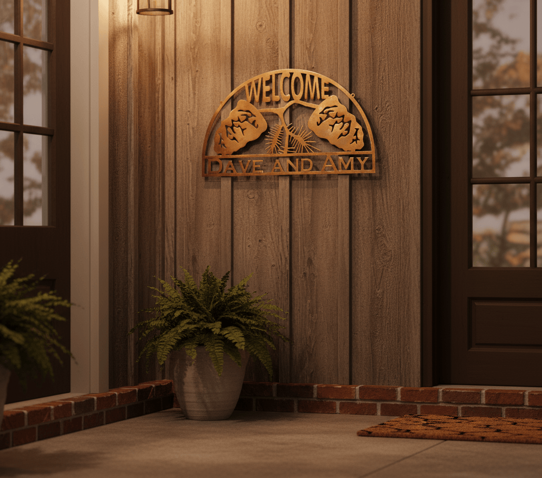 Rusty Rooster Fabrication & Design Personalized Welcome Sign with Pine Cones (W4)