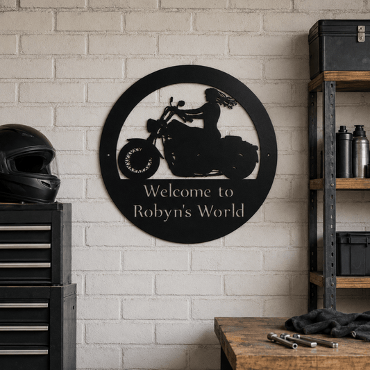 Rusty Rooster Fabrication & Design Personalized Woman Motorcycle Rider Metal Sign (U8)