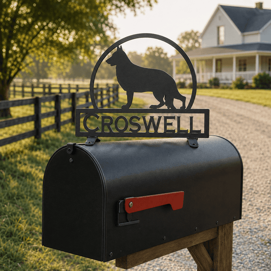 Rusty Rooster Fabrication & Design Physical product 16 Gauge / Bolt on / Black German Shepherd Mailbox Topper – Custom Metal Sign with Personalized Text Field (E21)