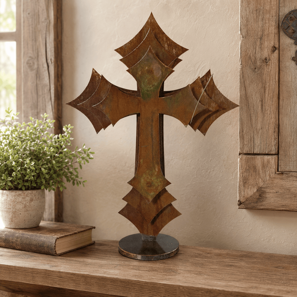3-Layer Freestanding Metal Cross – Rust Patina