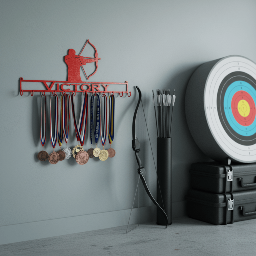 Rusty Rooster Fabrication & Design Physical product Archery Medal Rack with Personalized Text Field (W29)