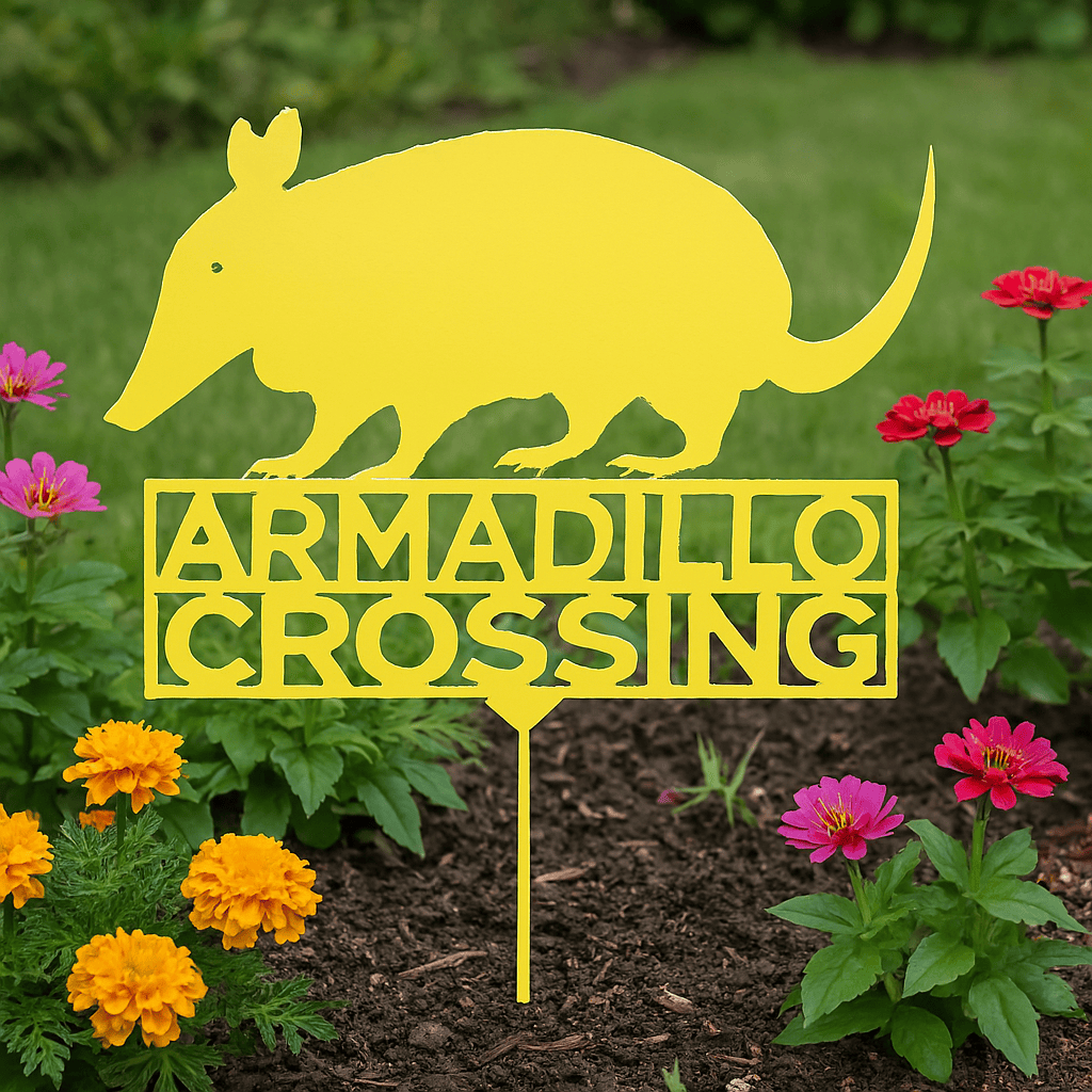Rusty Rooster Fabrication & Design Physical product Armadillo Crossing Yard Stake – Fun Wildlife Warning Sign for Garden Lovers (A11)