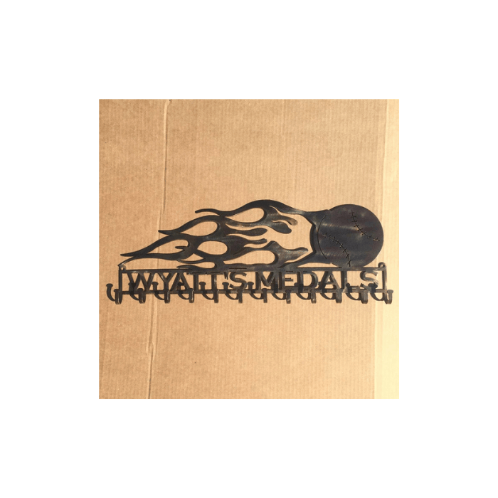 Rusty Rooster Fabrication & Design Physical product Baseball with Flames and Custom Text Box and 12 Hooks (Q26)