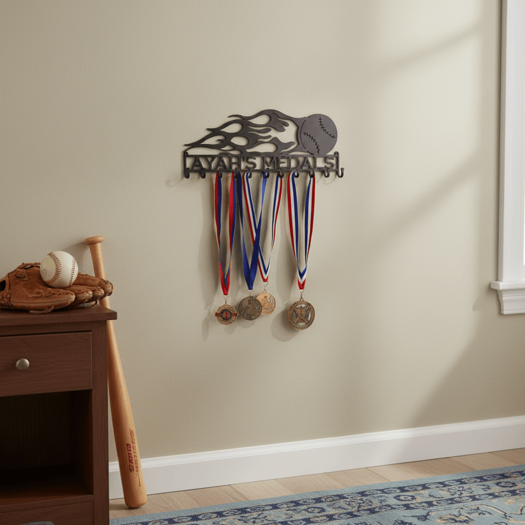 Rusty Rooster Fabrication & Design Physical product Baseball with Flames and Custom Text Box and 12 Hooks (Q26)
