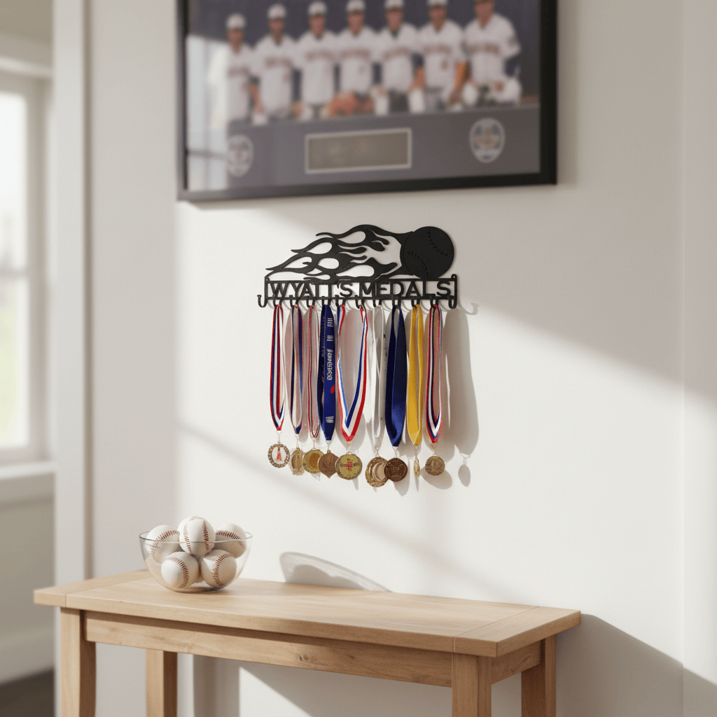 Rusty Rooster Fabrication & Design Physical product Baseball with Flames and Custom Text Box and 12 Hooks (Q26)