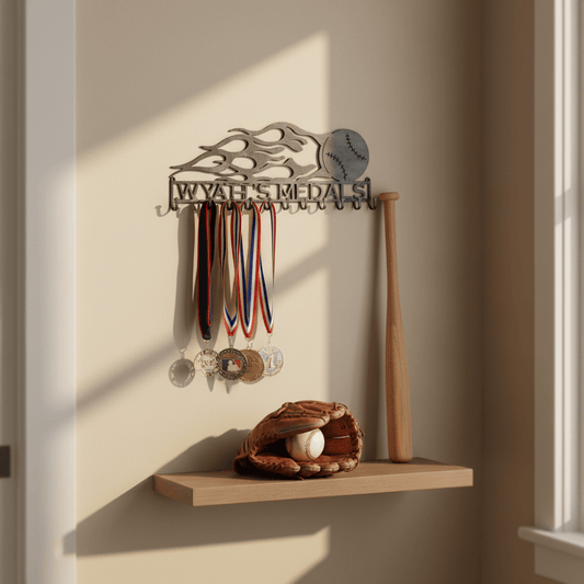 Rusty Rooster Fabrication & Design Physical product Baseball with Flames and Custom Text Box and 12 Hooks (Q26)