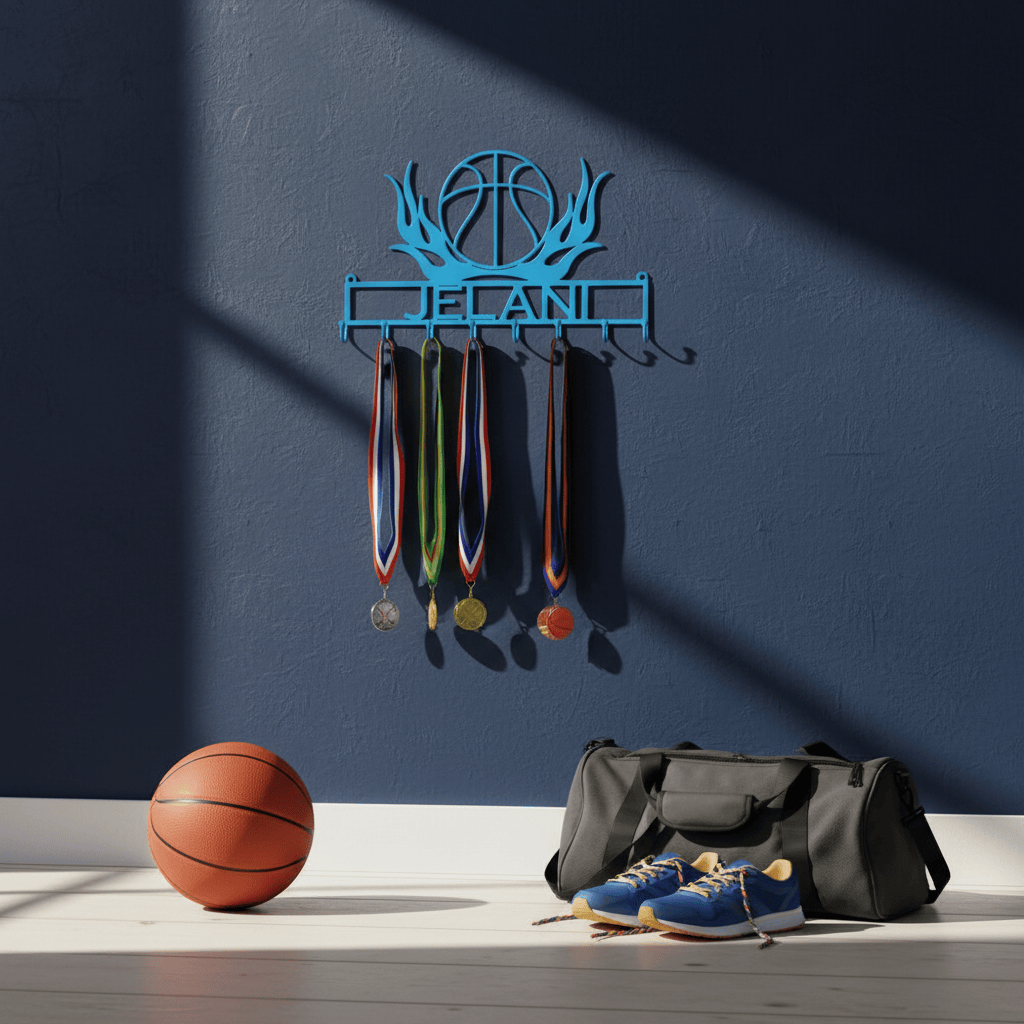 Rusty Rooster Fabrication & Design Physical product Basketball Lover’s Flaming Medal Display Rack (I11)