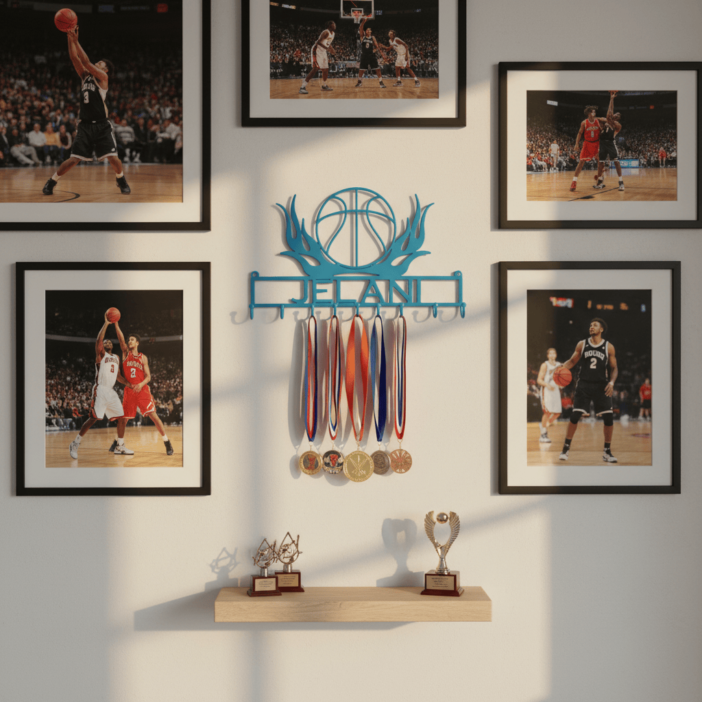 Rusty Rooster Fabrication & Design Physical product Basketball Lover’s Flaming Medal Display Rack (I11)