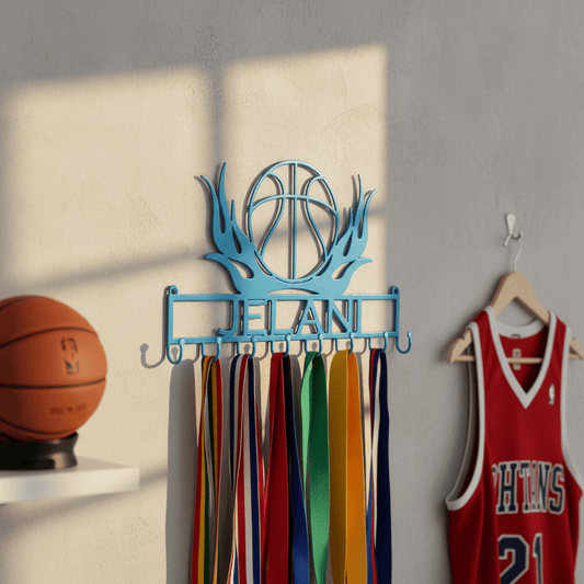 Rusty Rooster Fabrication & Design Physical product Basketball Lover’s Flaming Medal Display Rack (I11)