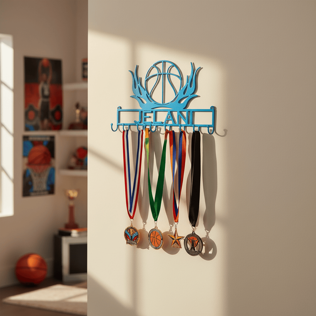 Rusty Rooster Fabrication & Design Physical product Basketball Lover’s Flaming Medal Display Rack (I11)