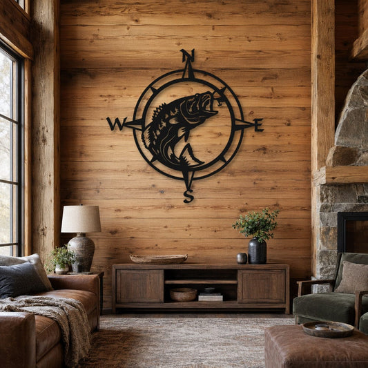 Rusty Rooster Fabrication & Design Physical product Bass Fishing Compass Metal Wall Art (F51)