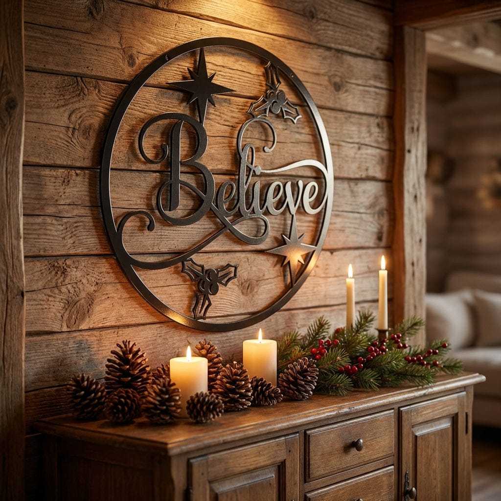 Rusty Rooster Fabrication & Design Physical product "Believe with Stars and Holly Metal Wall Art - Festive Holiday Decor" (U34)