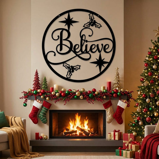 Rusty Rooster Fabrication & Design Physical product "Believe with Stars and Holly Metal Wall Art - Festive Holiday Decor" (U34)