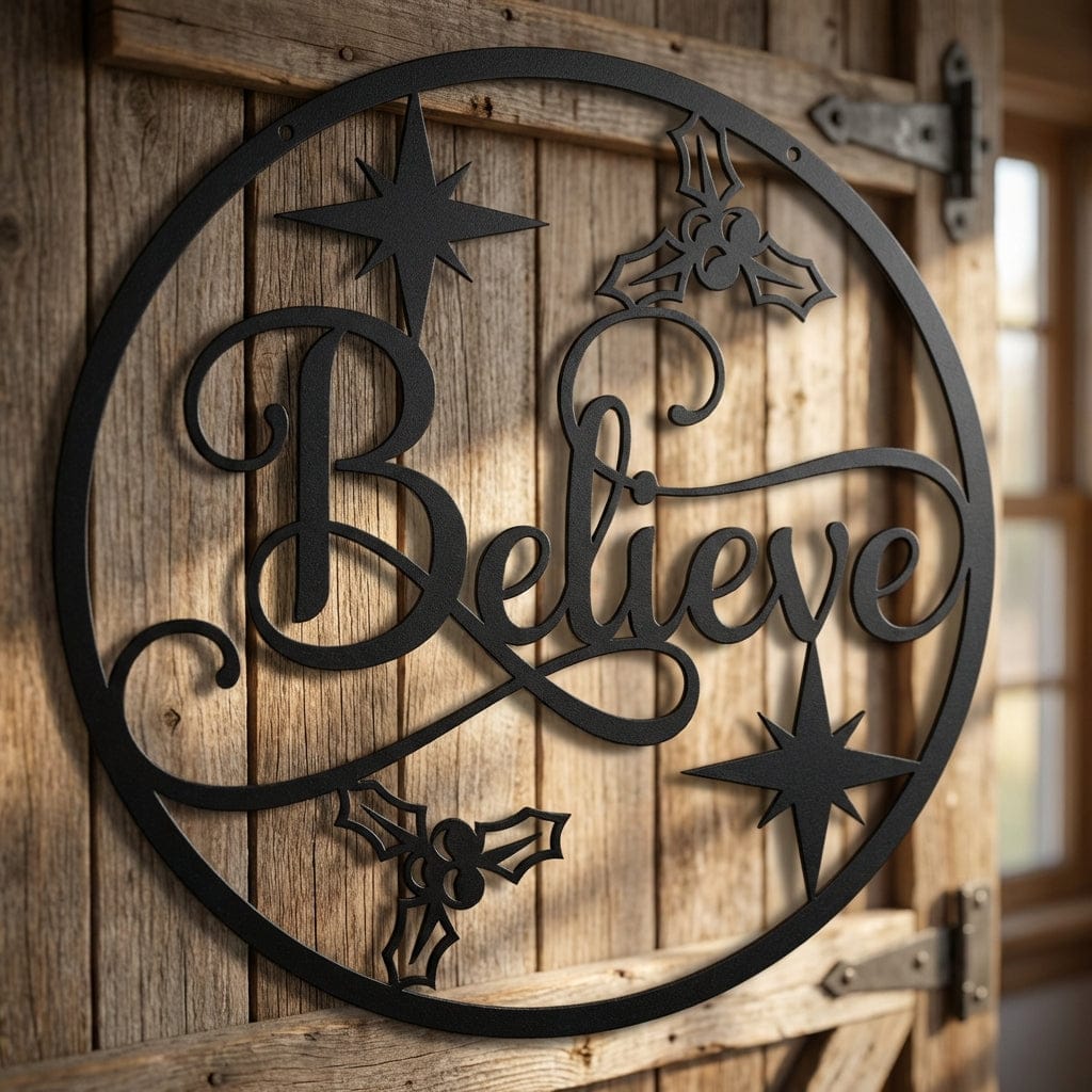 Rusty Rooster Fabrication & Design Physical product "Believe with Stars and Holly Metal Wall Art - Festive Holiday Decor" (U34)