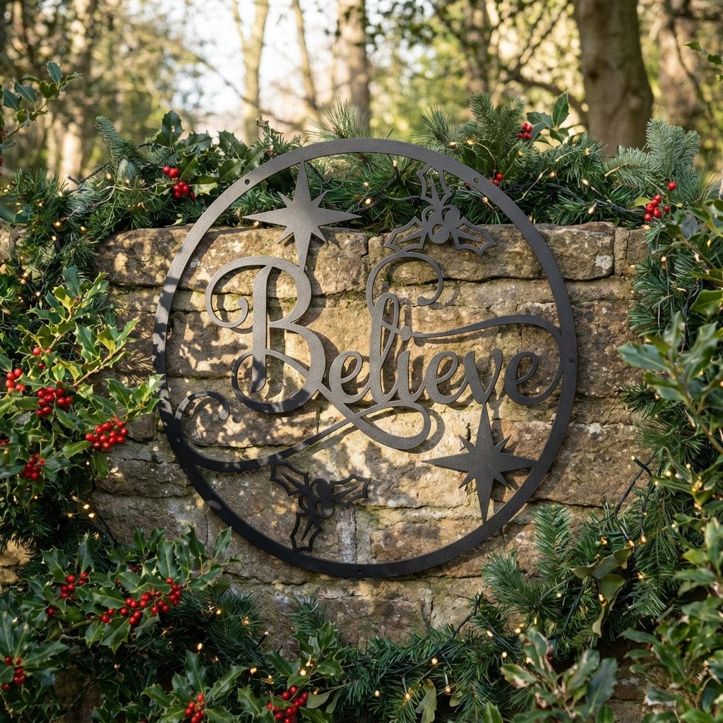 Rusty Rooster Fabrication & Design Physical product "Believe with Stars and Holly Metal Wall Art - Festive Holiday Decor" (U34)