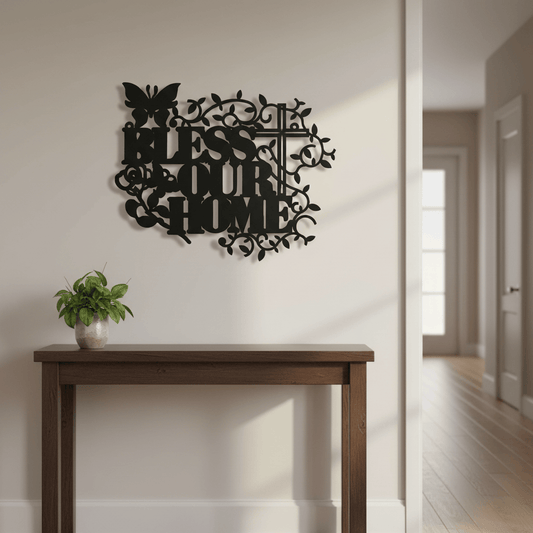 Rusty Rooster Fabrication & Design Physical product Bless Our Home with Cross Metal Wall Art (M15)