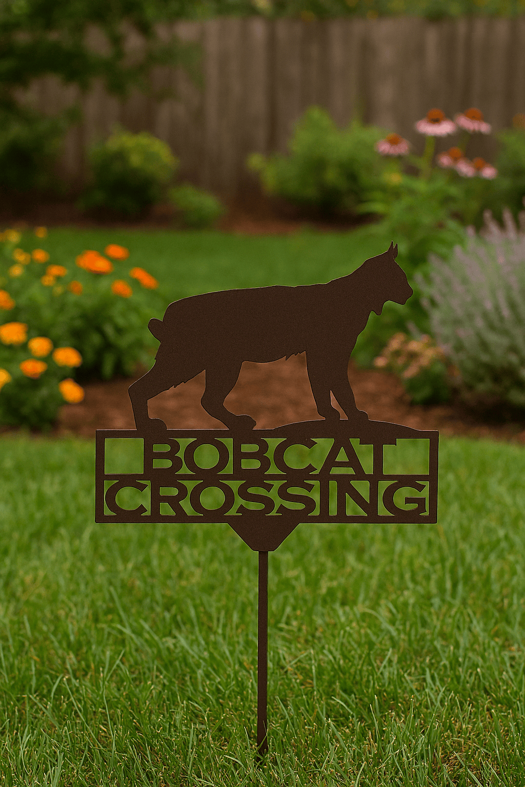 Rusty Rooster Fabrication & Design Physical product Bobcat Crossing Garden Stake – Rustic Metal Wildlife Sign (A81)