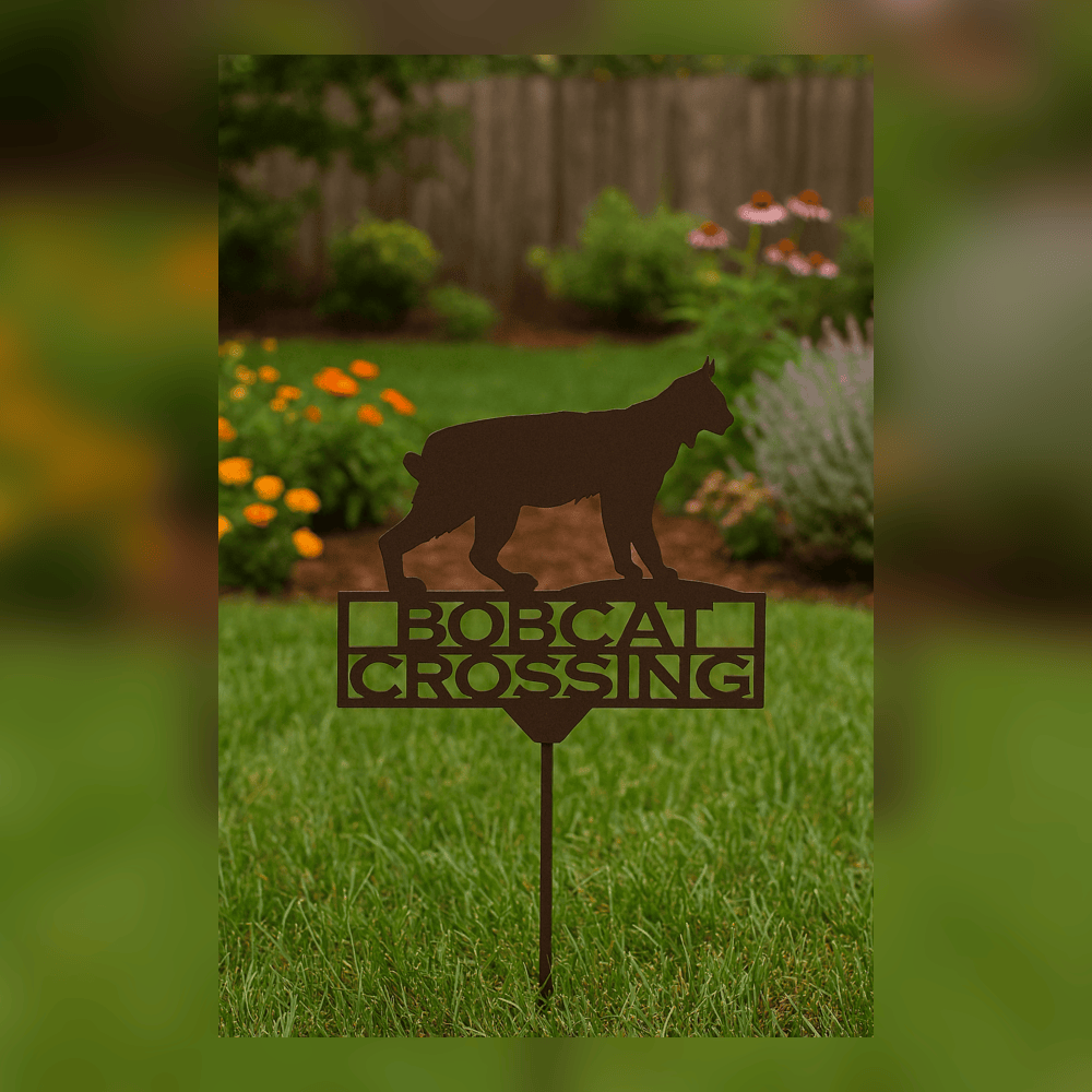 Rusty Rooster Fabrication & Design Physical product Bobcat Crossing Garden Stake – Rustic Metal Wildlife Sign (A81)