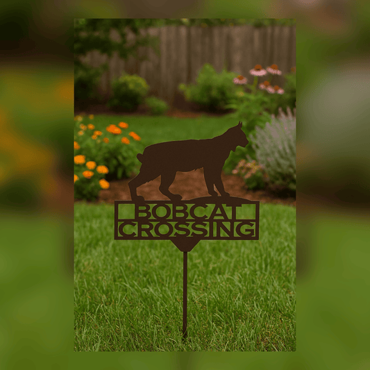 Rusty Rooster Fabrication & Design Physical product Bobcat Crossing Garden Stake – Rustic Metal Wildlife Sign (A81)