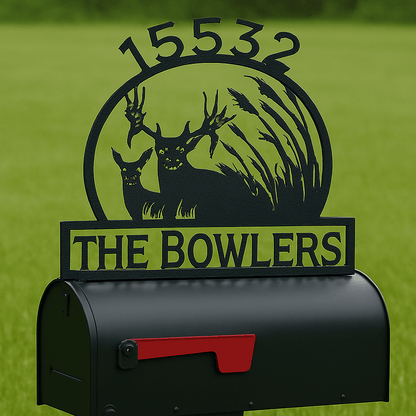 Rusty Rooster Fabrication & Design Physical product Buck and Doe Mailbox Topper – Custom Metal Deer Sign for Rural Homes (C18)