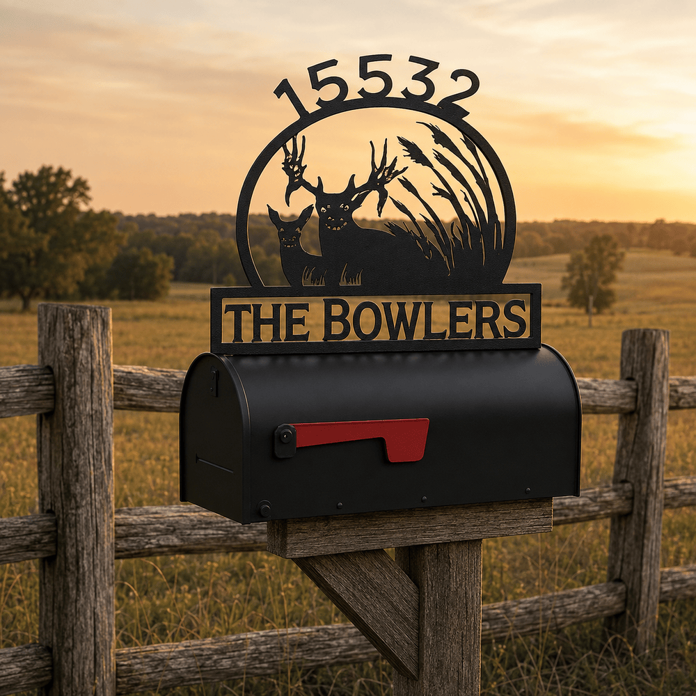Rusty Rooster Fabrication & Design Physical product Buck and Doe Mailbox Topper – Custom Metal Deer Sign for Rural Homes (C18)