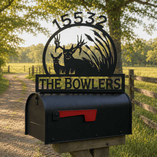 Rusty Rooster Fabrication & Design Physical product Buck and Doe Mailbox Topper – Custom Metal Deer Sign for Rural Homes (C18)
