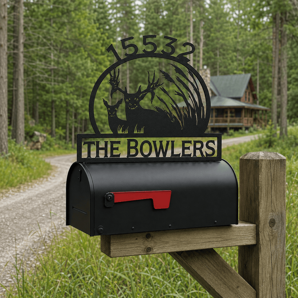 Rusty Rooster Fabrication & Design Physical product Buck and Doe Mailbox Topper – Custom Metal Deer Sign for Rural Homes (C18)