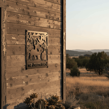 Rusty Rooster Fabrication & Design Physical product Buck and Doe with Turkey Mountains Trees  and Custom Text Field (M10)