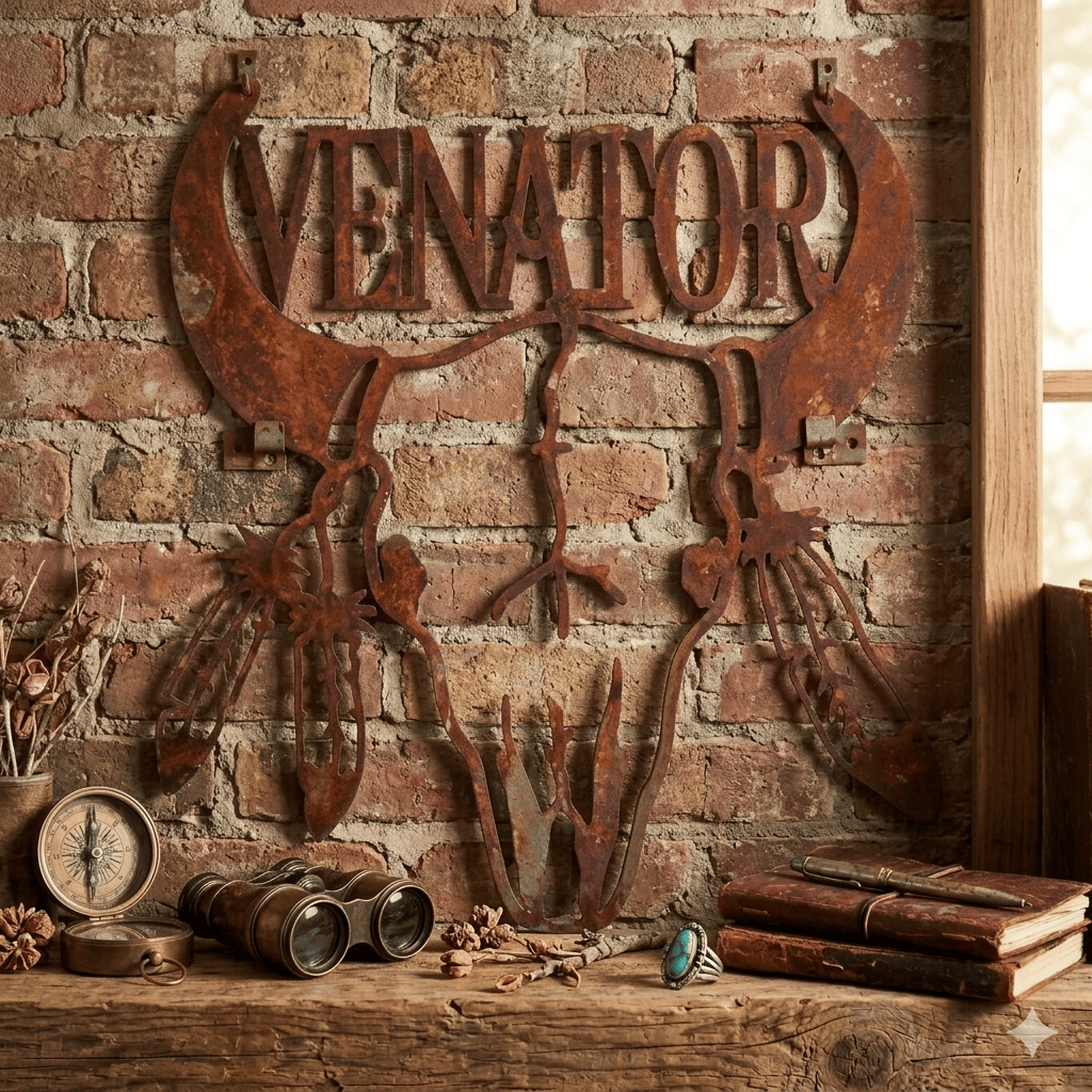 Bull Skull with Feathers Welcome Sign