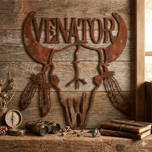 Bull Skull with Feathers Welcome Sign