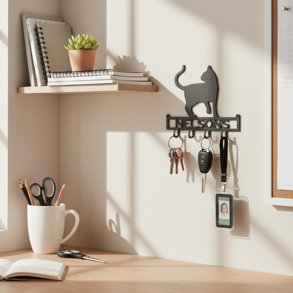 Cat Key Holder with Personalized Text Field (K20) - Rusty Rooster Metal