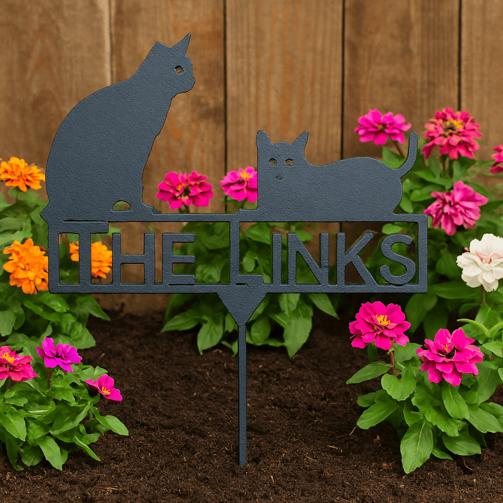 Rusty Rooster Fabrication & Design Physical product Cats Stake with Custom Text (A22) – Personalized Metal Garden Sign with Cat Silhouettes