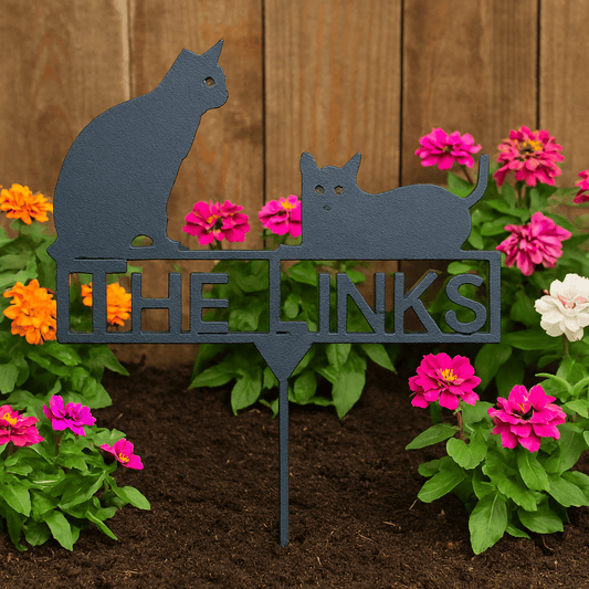 Rusty Rooster Fabrication & Design Physical product Cats Stake with Custom Text (A22) – Personalized Metal Garden Sign with Cat Silhouettes