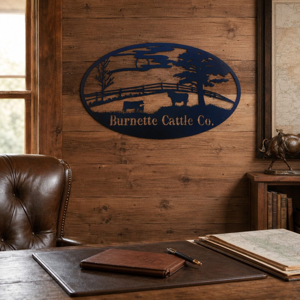 Burnette Cattle Co. personalized cattle grazing metal sign displayed as Western ranch decor