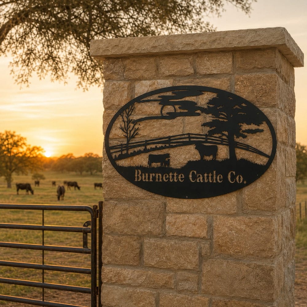 Personalized Burnette Cattle Co. grazing cattle metal ranch sign displayed at a ranch entrance