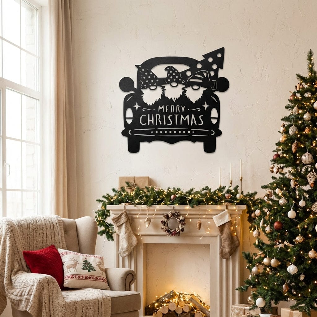 Rusty Rooster Fabrication & Design Physical product Charming Gnomes in a Pickup Truck - Merry Christmas Decor | Rusty Rooster Metal (U31)