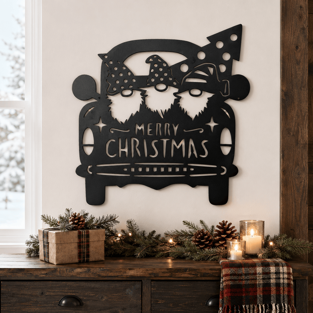 Rusty Rooster Fabrication & Design Physical product Christmas Gnomes in Pickup Truck Metal Sign (U31)