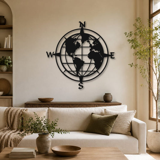 Rusty Rooster Fabrication & Design Physical product Compass & Globe Metal Wall Art – Travel Decor (O36)