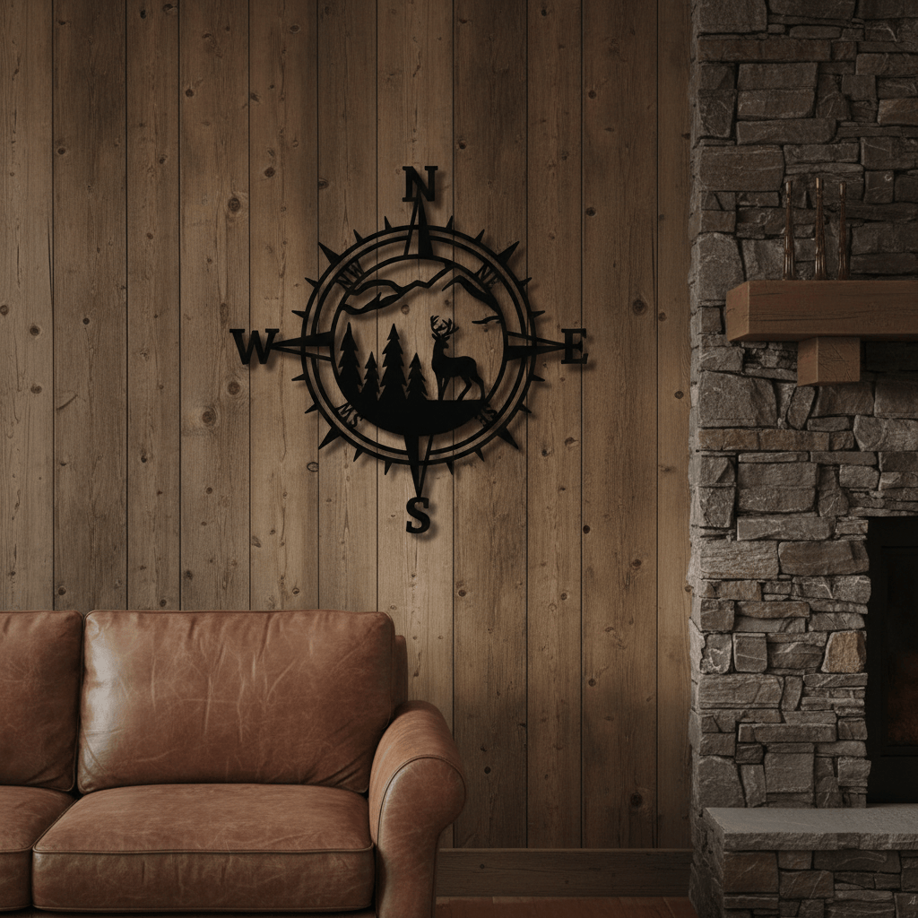 Rusty Rooster Fabrication & Design Physical product Compass With Deer and Mountains (F50)