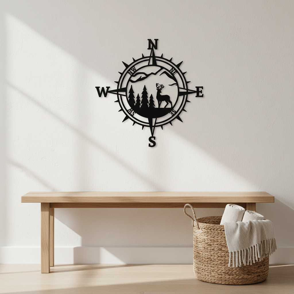 Rusty Rooster Fabrication & Design Physical product Compass With Deer and Mountains (F50)
