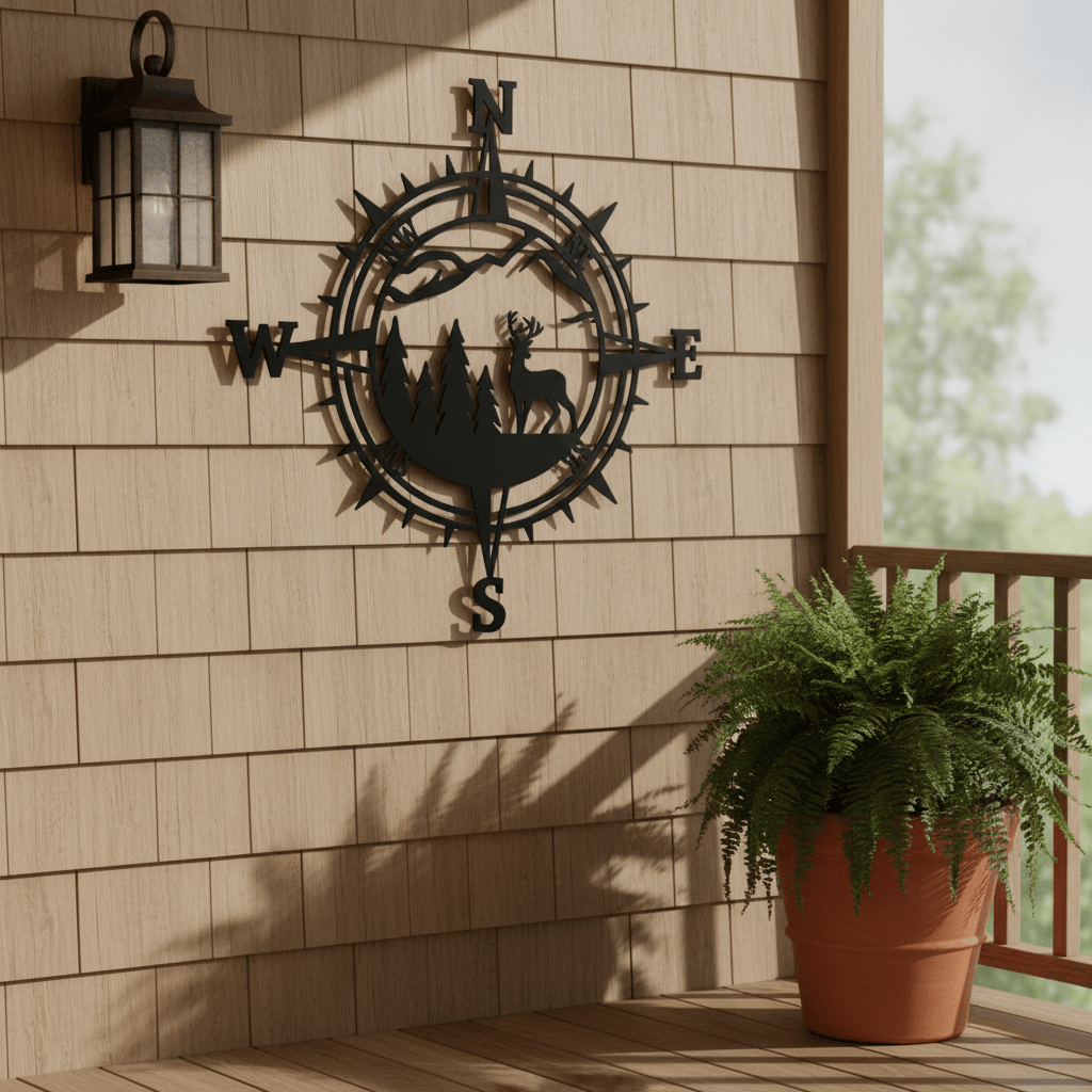 Rusty Rooster Fabrication & Design Physical product Compass With Deer and Mountains (F50)