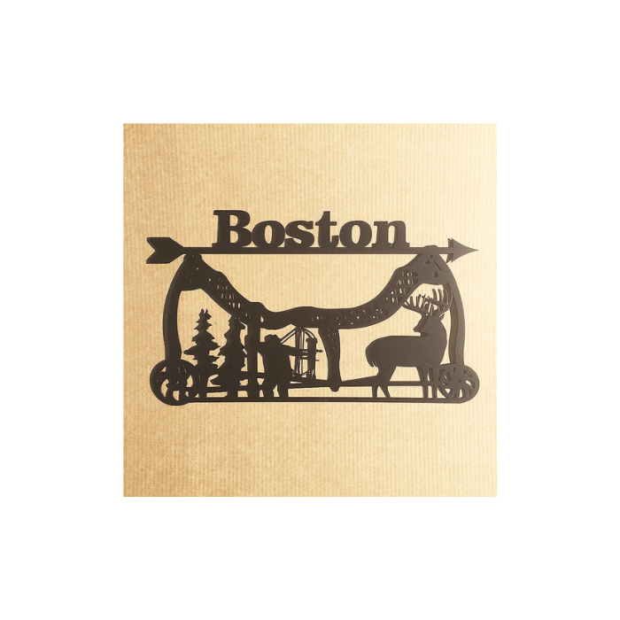 Rusty Rooster Fabrication & Design Physical product Compound Bow with Wildlife Scene with a Buck and Bow Hunter Metal Art with Personalized Text Field (R29)