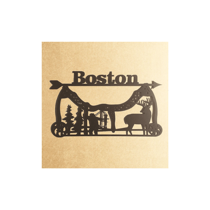 Rusty Rooster Fabrication & Design Physical product Compound Bow with Wildlife Scene with a Buck and Bow Hunter Metal Art with Personalized Text Field (R29)