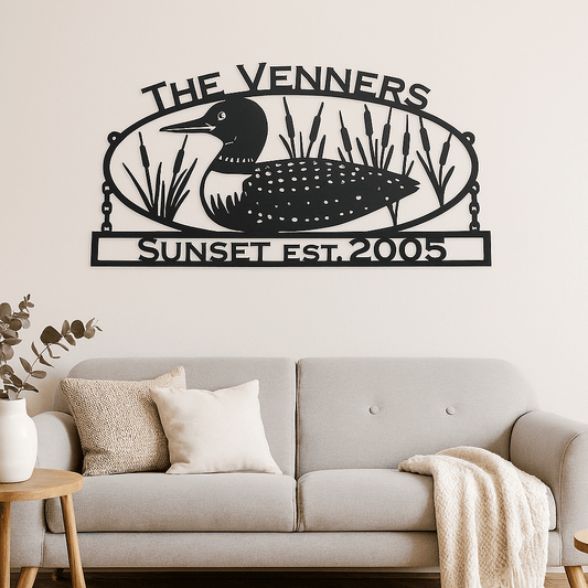 Rusty Rooster Fabrication & Design Physical product Custom Loon Metal Sign – Lakehouse Wall Art with Cattails & Personalized Text (W1)
