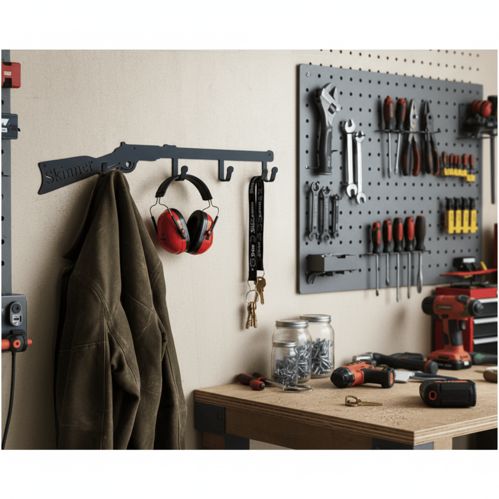 Rusty Rooster Fabrication & Design Physical product "Custom Metal Gun Coat Rack - Showcasing Your Passion for Firearms with Practical Style!" (O5)