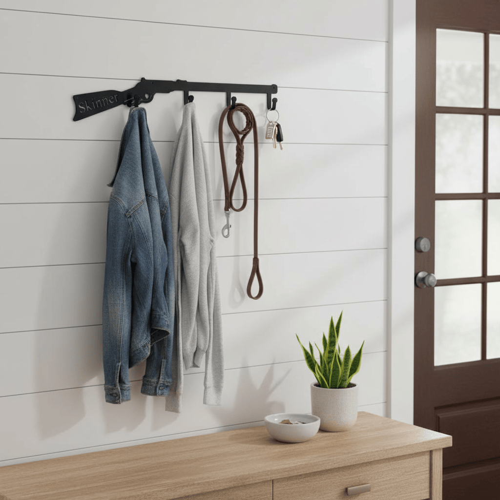 Rusty Rooster Fabrication & Design Physical product "Custom Metal Gun Coat Rack - Showcasing Your Passion for Firearms with Practical Style!" (O5)