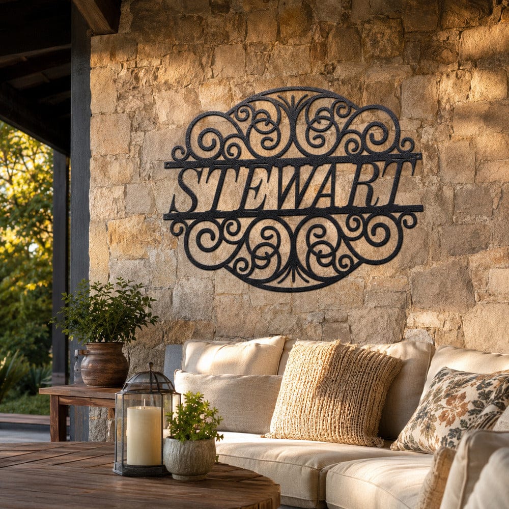 Personalized STEWART custom metal wall sign displayed on a covered stone patio