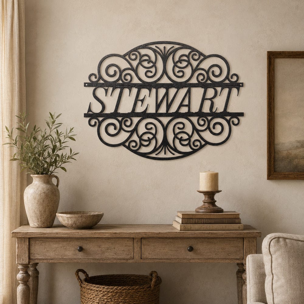 Personalized STEWART decorative scroll metal sign displayed in a farmhouse entryway
